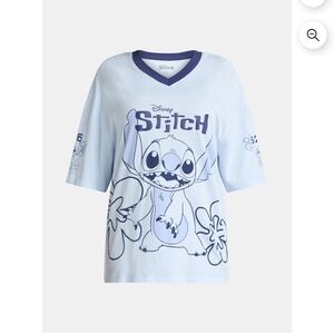Disney Light Blue Stitch Graphic V-Neck Tee with Navy Trim